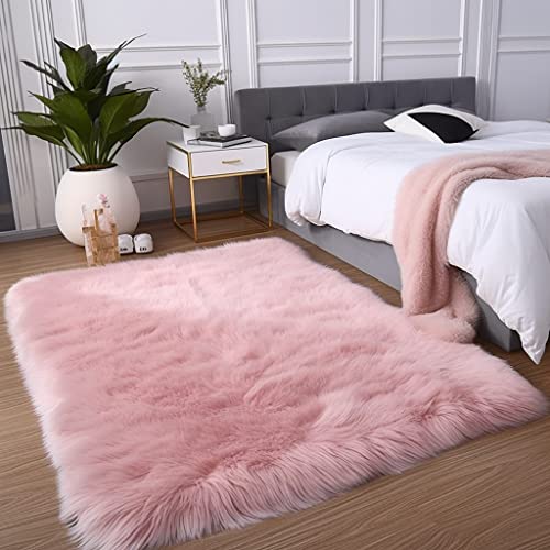 Ttloj Luxury Fluffy Rugs, Machine Washable, Ultra Soft Faux Sheepskin Fur, Faux Fur Area Rugs, For Living Room Bedroom Kids Room Nursery Room Decor Carpet, Rectangle, 4X6 Feet Pink #TOP4