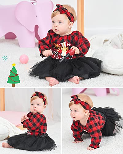 Bilison Infant Baby Girl Christmas Outfit My First Christmas Plaid Romper Top Tutu Skirt With Headband Xmas 3Pcs Clothes Set #TOP2