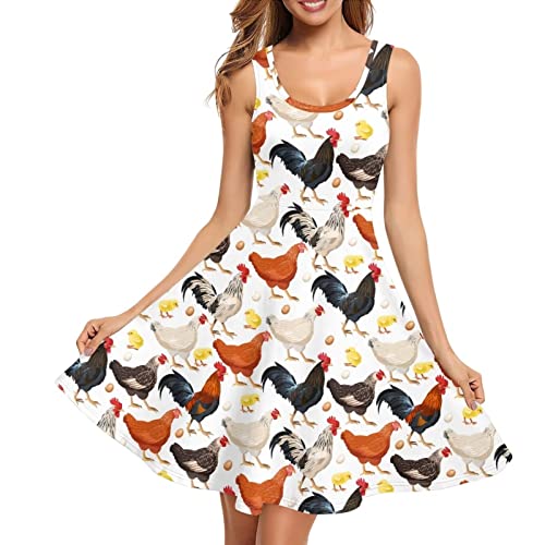 HUGS IDEA Vestido casual sin mangas para mujer, cuello redondo, vestido midi fluido, talla extra XS a 4XL, vestido de patinadora, Gallo Animal Farm, XXXL
