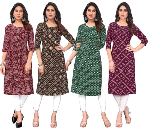 Image of JAKHANA Women's Crepe Printed Casual Straight Calf Length Round Nick Kurta Pack of 4