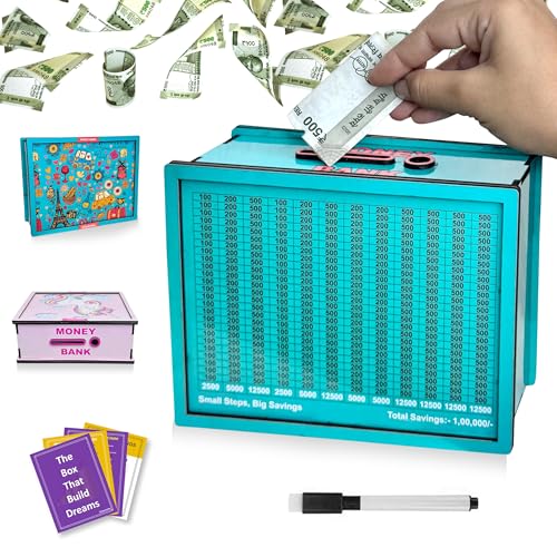 Image of Sketchfab Money Saving Box for Adult 100000, Wooden with Savings Tracker Bank Kids, Smart Piggy Bank, Box, Coin Box,Gullak Saver,Piggy Rs100000 Home Deal Gift Man, Women (Printed Blue)