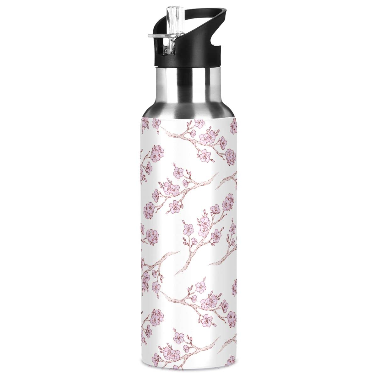 Edelstahl Wasserflasche mit Strohhalm, Sakura Kirschblüten Isolierte Trinkflasche Sport Wasserflasche für Kinder Erwachsene, auslaufsicher, 1L