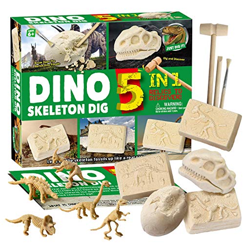 EDUMAN 5-in-1 Dinosaurier Ausgrabungsset, Dino Spielzeug Ausgraben Fossilien Grabungsset mit T-Rex, Triceratops, Stegosaurus, Brachiosaurus & Velociraptor, Dinosaur Figuren Party Toy Archäologie Kit
