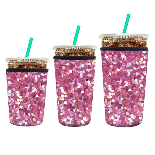 Image of 3 Pack Reusable Neoprene Insulator Sleeve for Iced Coffee Cups, Funny Coffee Cup Sleeves for 16-32oz Coffee cups, Cute Drink Sleeve for Cold Hot Beverages Cute Pink Shine