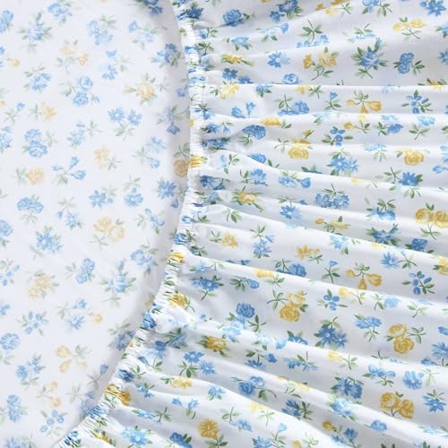 Image of Laura Ashley - Full Sheet Set, Crisp & Cool Cotton Percale Bedding for Year Round Comfort, Deep Pocket, Bed Sheets with Matching Pillowcases (Ditsy Doodle Blue)
