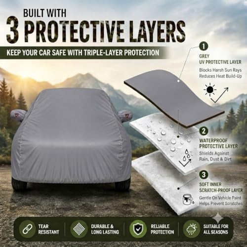 Image of Autofurnish Aero Series Car Cover for Hyundai Santro 2018 (100% Waterproof, Triple Stitched, Bottom Elastic,Secure Buckle Strap,Precision-Fit & Breathable Fabric, Car Body Cover) Colour: Grey