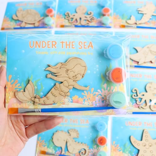 BOIKOKY 12-Pack Pre-Packaged Under the Sea Party Favors, Wooden Ocean Animal Cutouts with Magnets & Painting Kits, Birthday Thank You Gifts for Guests, Sea Theme Birthday Baby Shower Decorations