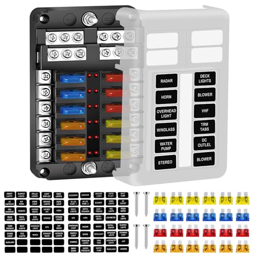 Geloo 12 Voies Boîte Fusibles, Lame de Bloc de Porte Fusibles avec Bus Négatif Bateau avec Indicateur LED Couvercle de Protection étanch pour Bateau Camion de Voiture RV