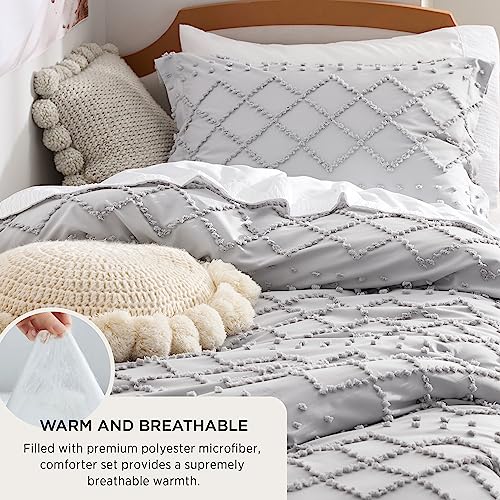 Image of Bedsure Twin Comforter Set - Light Grey Comforter, Boho Tufted Distressed Vintage Bedding for Kids, 2 Pieces Farmhouse-Style Bed Set for All Seasons, Fluffy Soft Bedding with 1 Pillow Sham