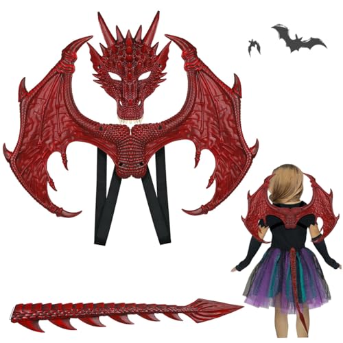 Disfraz de dragón para niños con máscara y alas rojas de goma para fiestas 4