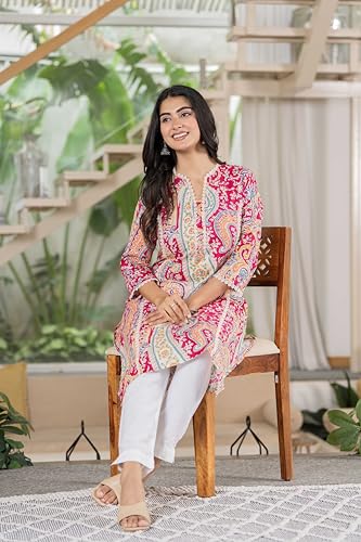 Image of Women's Cotton Straight Kurti with Geometric Print, 3 /4 Sleeves, Lace Trim Detail, Regular Fit, Casual Wear