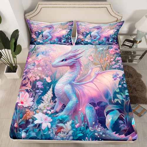 Juego de sábanas bajeras de 3 piezas, diseño de dragón de vida silvestre, juego de ropa de cama para adolescentes y hombres, decoración de habitación, sábana de cama de selva occidental (sin sábana