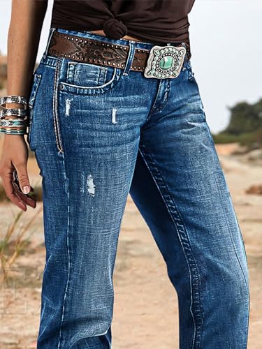 Flamingals Women's Boho Bootcut Mid Rise Jeans Distressed Stitch Detail High Stretch Denim Pants Without Belt3