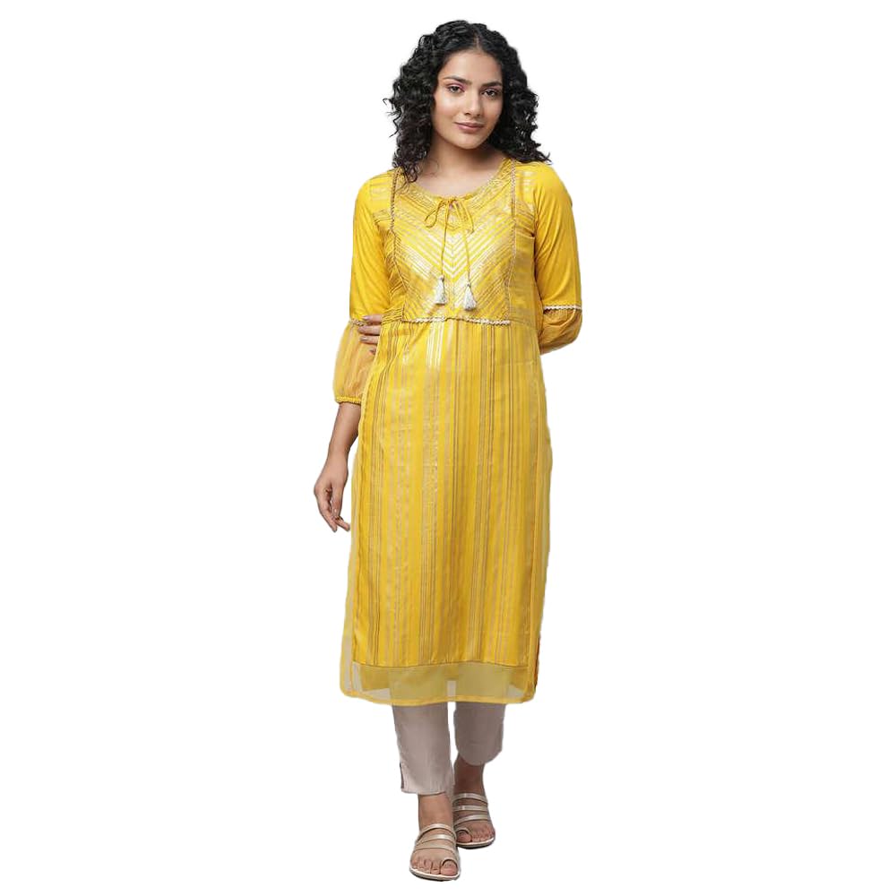 Aurelia Women's Rayon Regular Fit Casual Floral Regular Sequined Yoke Striped Kurta in neutral
