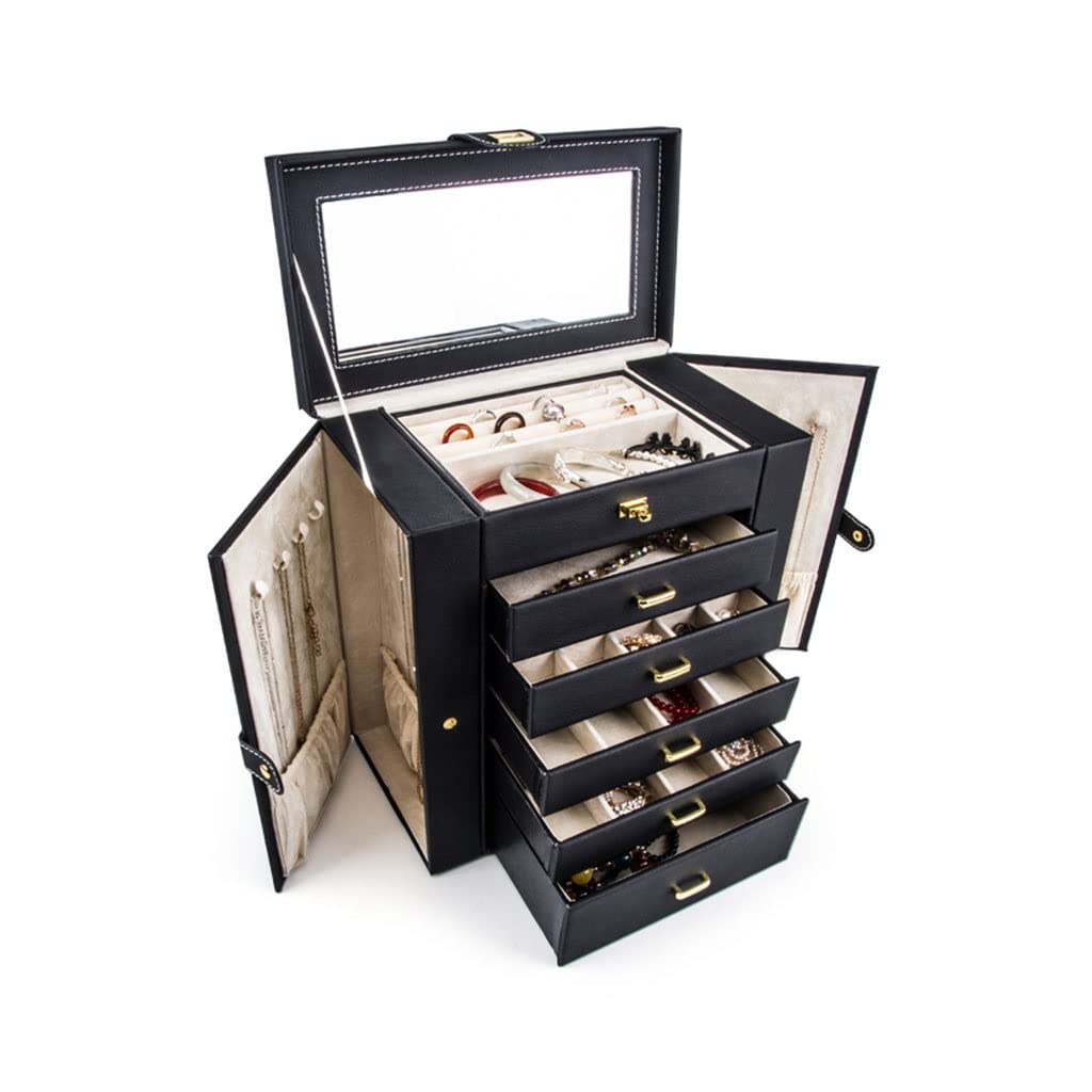 TIANQIHAO Jewelry Box Large Jewelry Box 6 Layer With 5 Drawers Pu Leather Jewelry Organizer Storage With Mirror Jewelry Case For Women Girls Gift Jewellry Holder,B