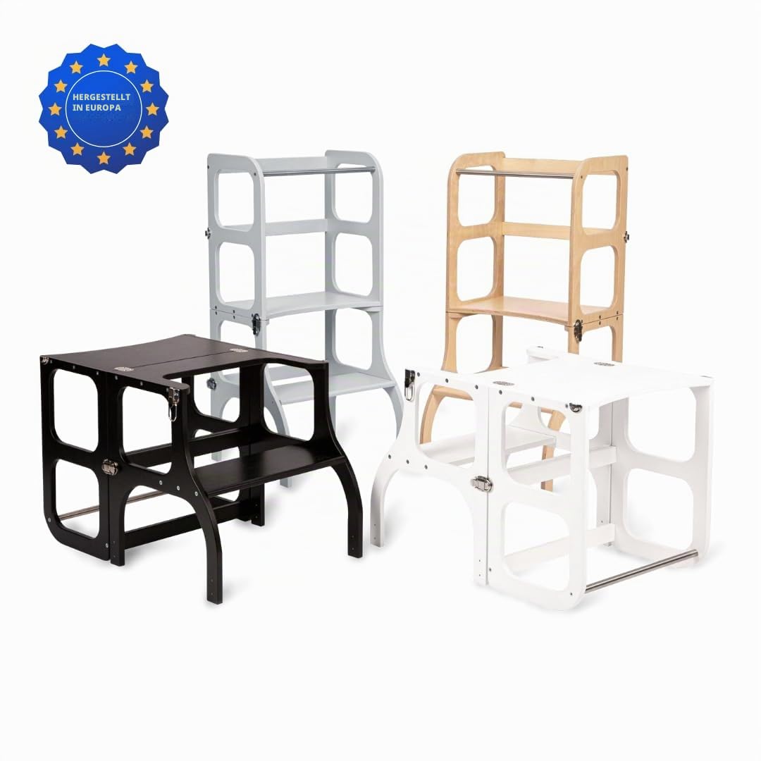 Klappbarer Lernturm mit Sitzfunktion, 45 cm Stehhöhe, Step’n’Sit, Lernturm mit Sitz und Tisch umklappbar, Birkenholz, UV-Lackiert, Holz mit Messing Beschlägen
