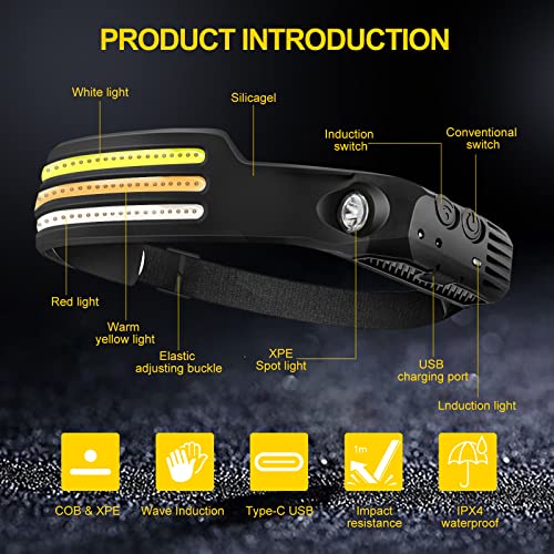 Rechargeable Led Headlamp,Upgrade 230°Wide Beam Head Lamp With Motion Sensor,With White/ Red/ Yellow Light Strips,10 Light Modes Head Light Flashlight For Hiking, Running, Repairing, Fishing,Cycling #TOP4
