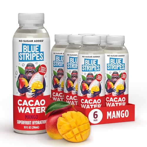 Image of Blue Stripes Mango Cacao Water - Hydration Drink with Natural Electrolytes & Antioxidants | Cold Pressed Cacao Juice, Mango Juice & Water | No Sugar Added, Plant Based, Non GMO | 10 Fl Oz (6 Pack)
