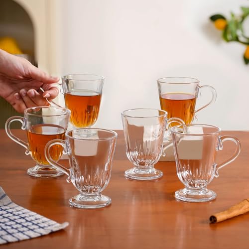 Image of Nestasia Set of 6 Transparent Glass Tea Cups (196ml Each) - Ribbed 100% Food Safe & Chip-Resistant Glass Set | Perfect for Irish Coffee, Tea, Hot & Cold Beverages