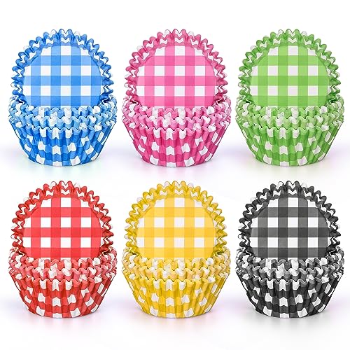 Whaline 600Pcs Buffalo Plaid Cupcake Liners Colorful Gingham Cupcake Wrappers Checkered Baking Cups Muffin Baking Liners for Baby Shower Bridal Shower Wedding Birthday Party Supply
