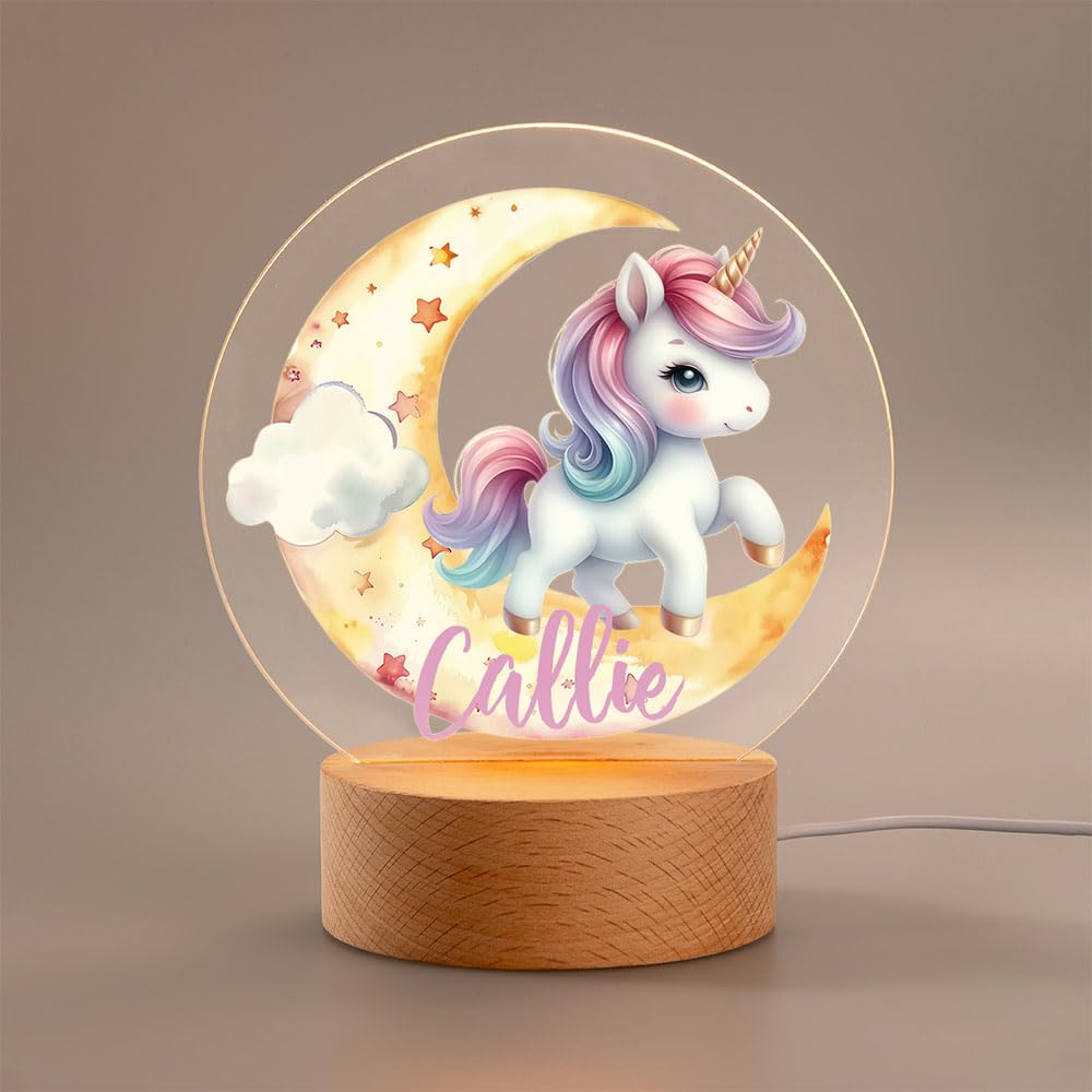 idooodle Personalized LED Night Light - Custom Name & 20 Patterns, Cute Unicorn Lamp with Wooden Base for Bedroom Decor, Gifts for Kids Girls Boys