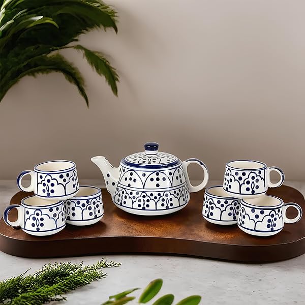 Image of NATRIEL Ceramic Tea Set, Blue Floral Design with Chevron Border, 1L Teapot with 6 Cups, Microwave and Dishwasher Safe (Option-03)