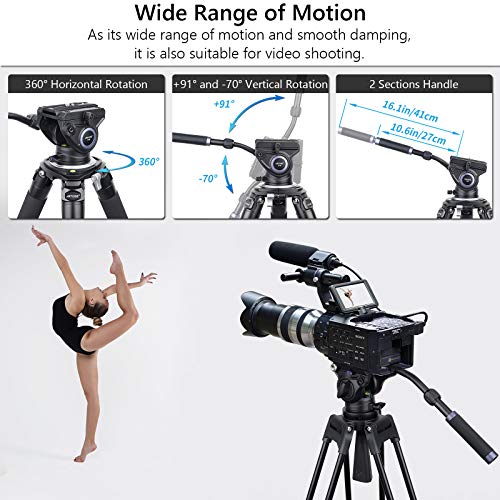 Video Fluid Head Mount,FH6 Professional Camera Tripod Fluid Drag Pan Head with 1/4” and 3/8” Screws Sliding Plate for DSLR Cameras, Camcorders, Telescope，Max Load 22lbs/10kg - Thumbnail 5