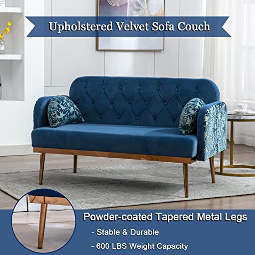 55-Inch Small Velvet Couch With Elegant Moon Shape Pillows, Twin Size Loveseat Accent Sofa With Golden Metal Legs, Living Room Sofa With Tufted Backrest, 600 Pounds Weight Capacity, Light Blue #TOP5
