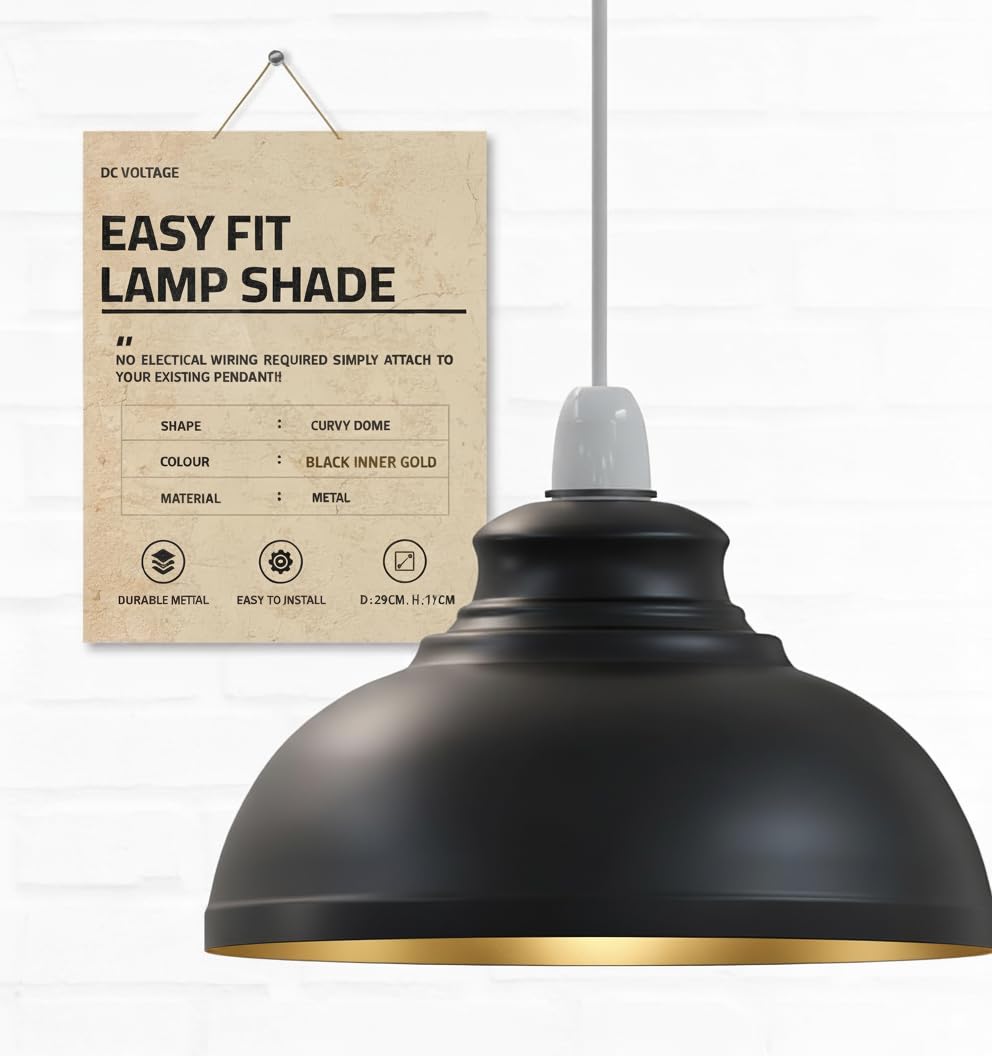 DC Voltage Industrial Ceiling Pendant Light Shades Retro Style Curvy Dome Shaped lamp Shades Metal Easy fit Ceiling Pendant Light Shades for Light fixtures (Black Inner Gold)