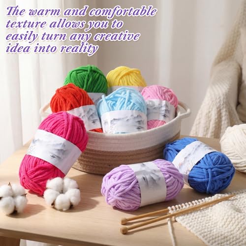 Image of Buryeah 8 Packs #5 Skinny Chenille Yarn for Hand Knitting Crocheting 50g /1.76oz Thin Soft Chunky Plush Beginner Yarn Size 5 for Crochet Small Plush DIY Crafts Blankets, 480 yd Total(Bright Colors)