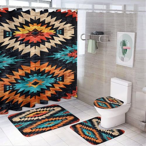 BFIDJID 4 Pcs Southwest Style Shower Curtain Set with Rugs,