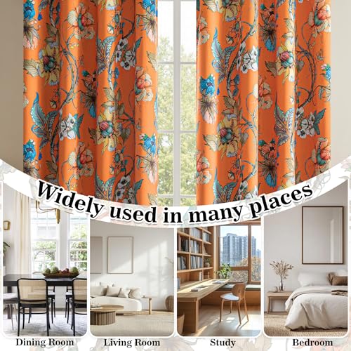 Image of MYSKY HOME 95% Blackout Floral Curtains 63 Inches Long 2 Panels Set for Bedroom Thermal Insulated Light Blocking Curtain Printed Flower Vintage Style Grommet Top Drapes for Girls Room, 52 inch W, Orange