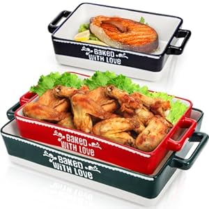 3 Pack Ceramic Baking Dishes, Casserole Dishes for Oven, Rectangular Lasagna Pans with Handles, Kitchen Deep Serving Bakeware Sets for Cooking, Wedding Gift, 3 Colors (14.5”/12.5”/9.5”)