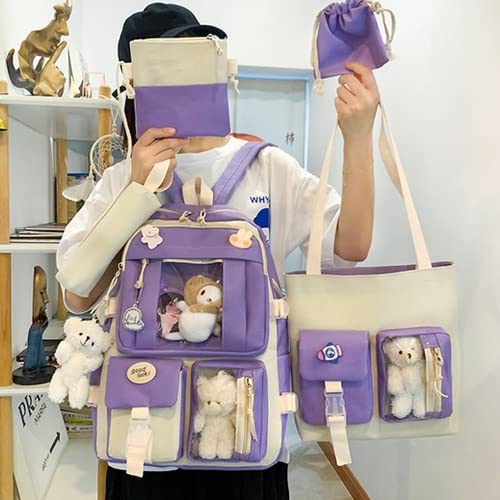 Kawaii Aesthetic School Backpack 5Pcs Combo Set with Cute Bear Pendant Pins Daypack Small Laptop School Bag Essential Kit2