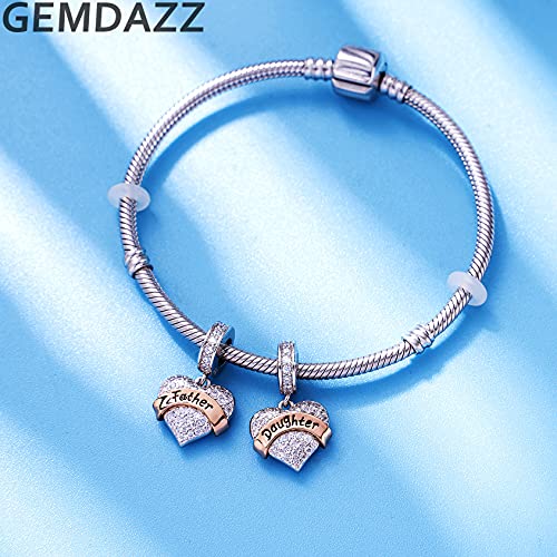 Father And Daughter Heart Pendant Charms In 925 Sterling Silver, Fits Pandora Fathers Day Bracelet, Clear Sparkle Cz Daddy Little Girl Dangle Beads, Gift For Dad/Father In Law/Grandpa #TOP1