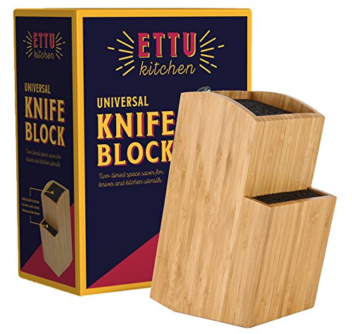 Bamboo Universal Knife Block - Extra Large Two-Tiered Slotless Wooden Knife Stand, Organizer & Holder - Convenient Safe Storage For Large & Small Knives & Utensils - Easy To Clean Removable Bristles #TOP3