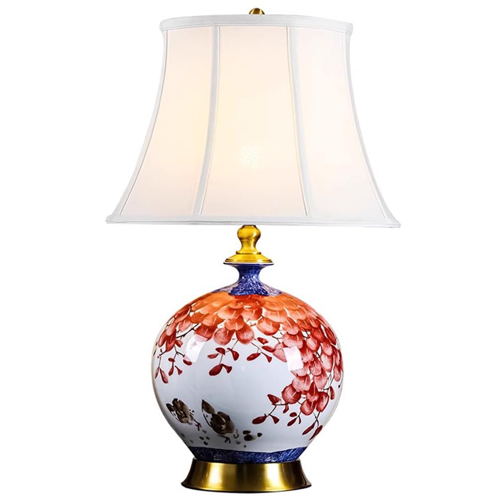 SANBDDLYY Chinoiserie Ceramic Table Lamp - Handcrafted Floral & Bird Design Desk Fabric Shade for Living Room, Bedroom, Office, and College