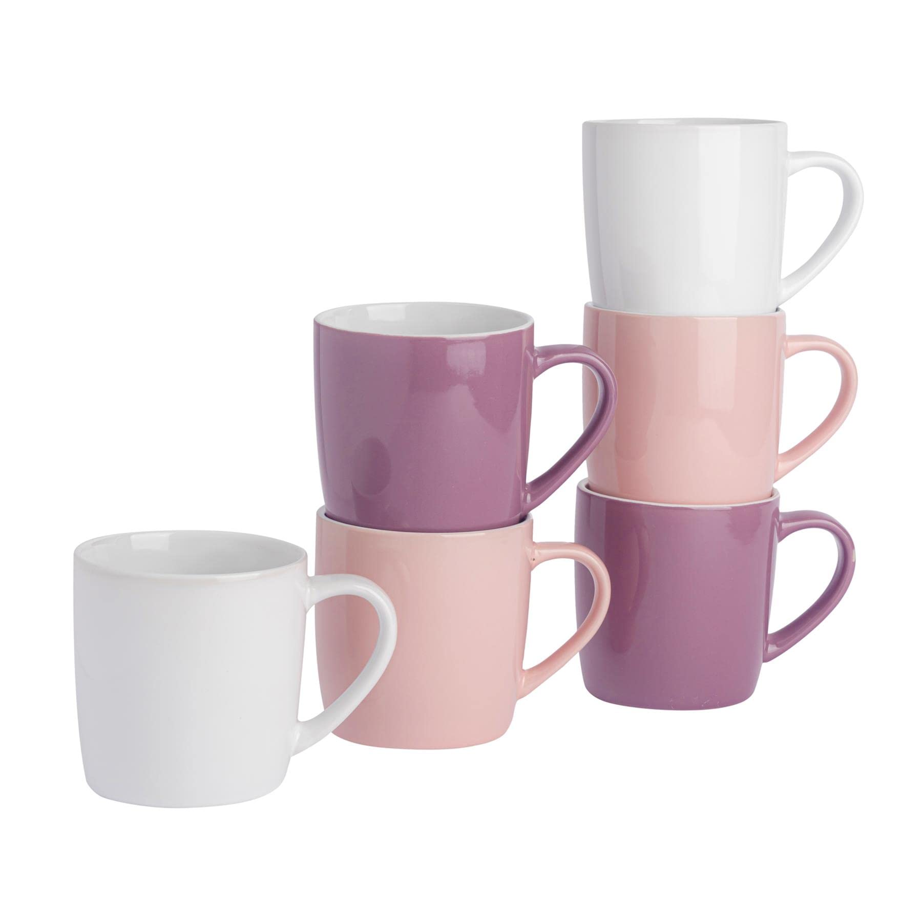 Argon Tableware Tea Coffee Mugs - 6pc Contemporary Coloured Ceramic Cups Set - 350ml - Purple Pink White