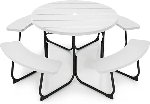 Miniatura 9 de Tangkula Mesa de picnic para 8 personas, mesa de picnic redonda al aire libre con 4 bancos integrados, agujero para paraguas, marco de metal y mesa