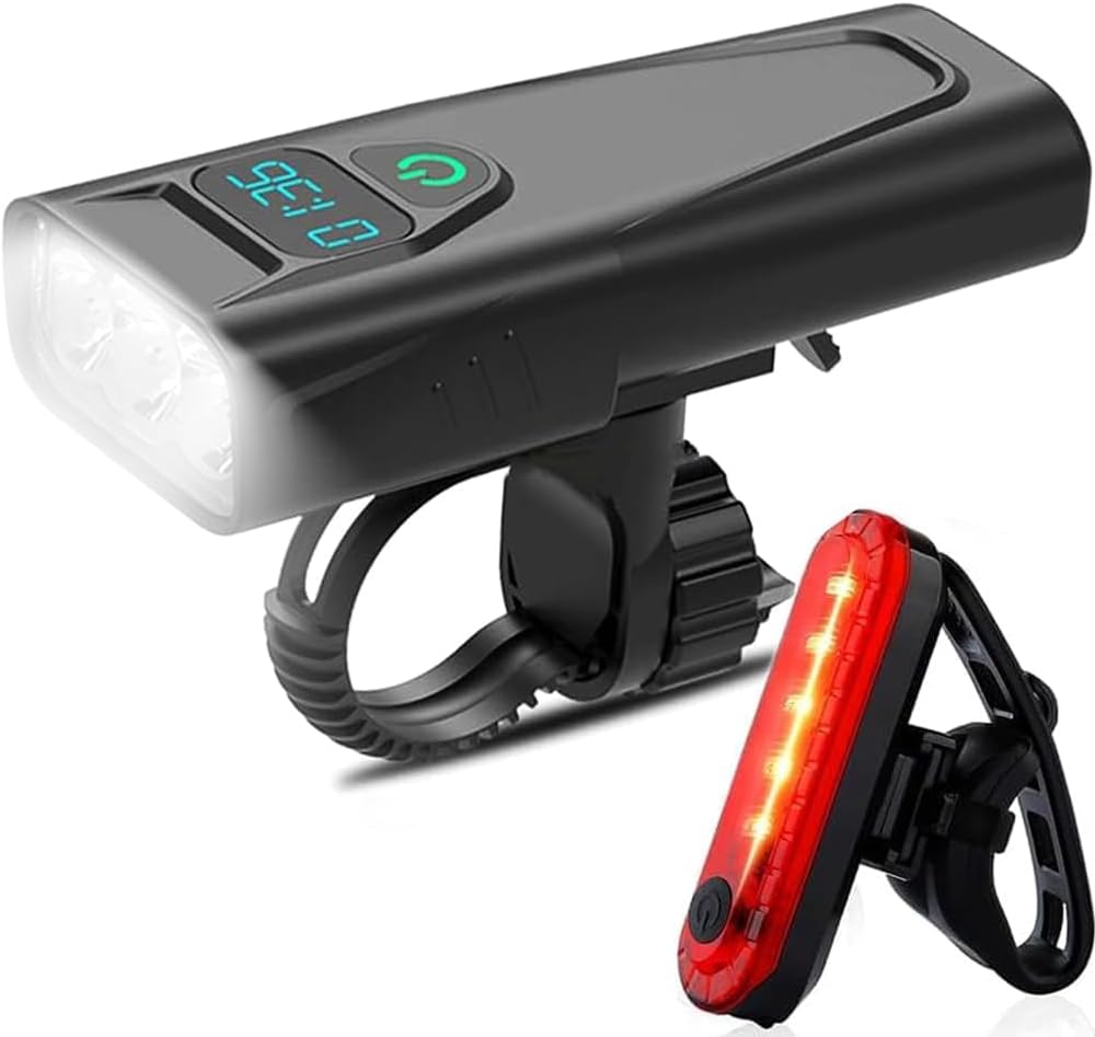 Bicycle Lights Set USB Rechargeable,5200mAh,2400 Lumens Super Bright Bicycle Front Headlight and Back Taillight,3 Light Modes,IPX5 Waterproof,LED Clock Display Bike Light for All Bicycles …