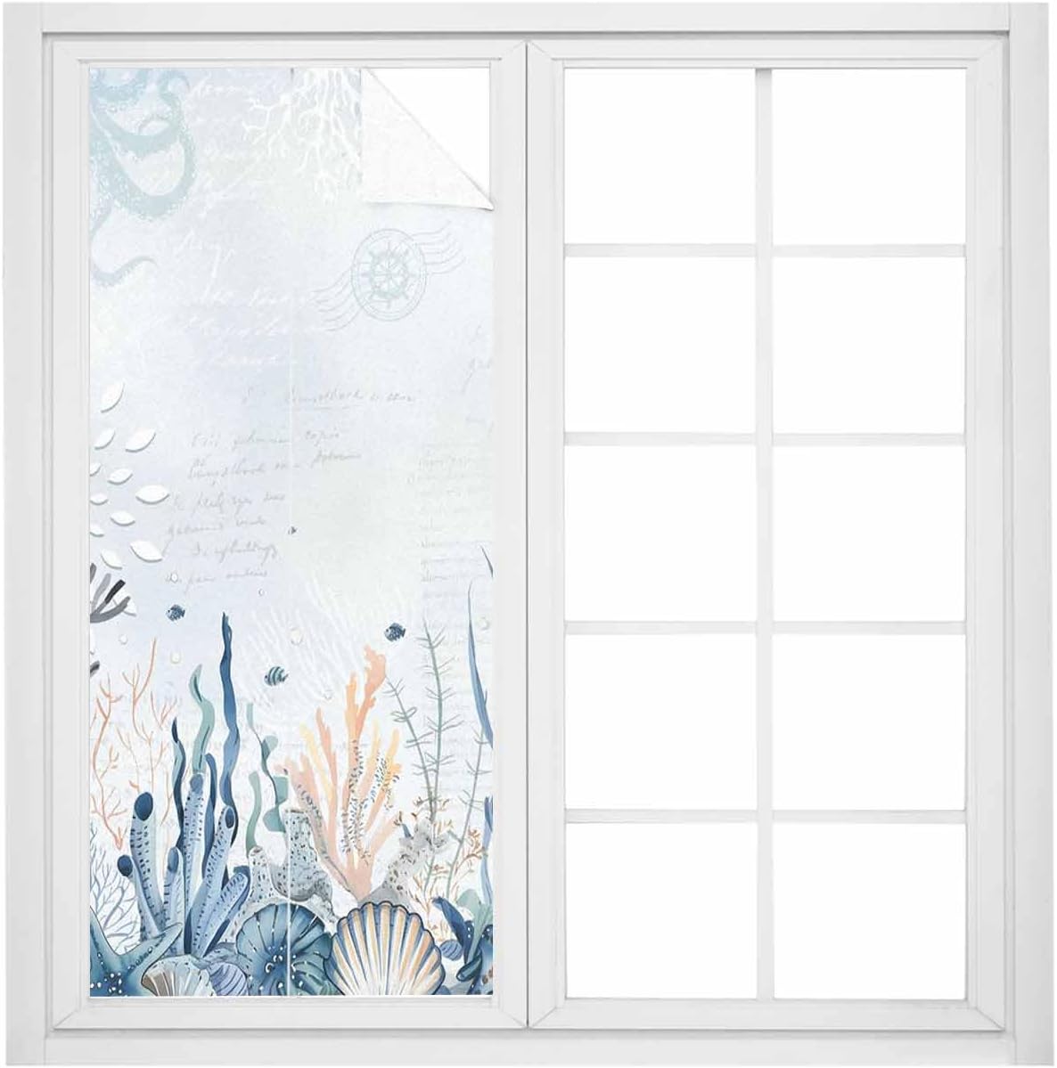 Summer Ocean Blue Stained Glass Window Film - Decorative Vintage Sea Turtle Coral Shell Conch Starfish Window Stickers - 35.4"x78.7"