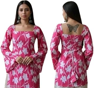 Women's Floral Print Dress, Multicolor Flowers, Long Bell Sleeves, Square Neckline, Lace-Up Back Detail ASG_Top_Women-picture-48