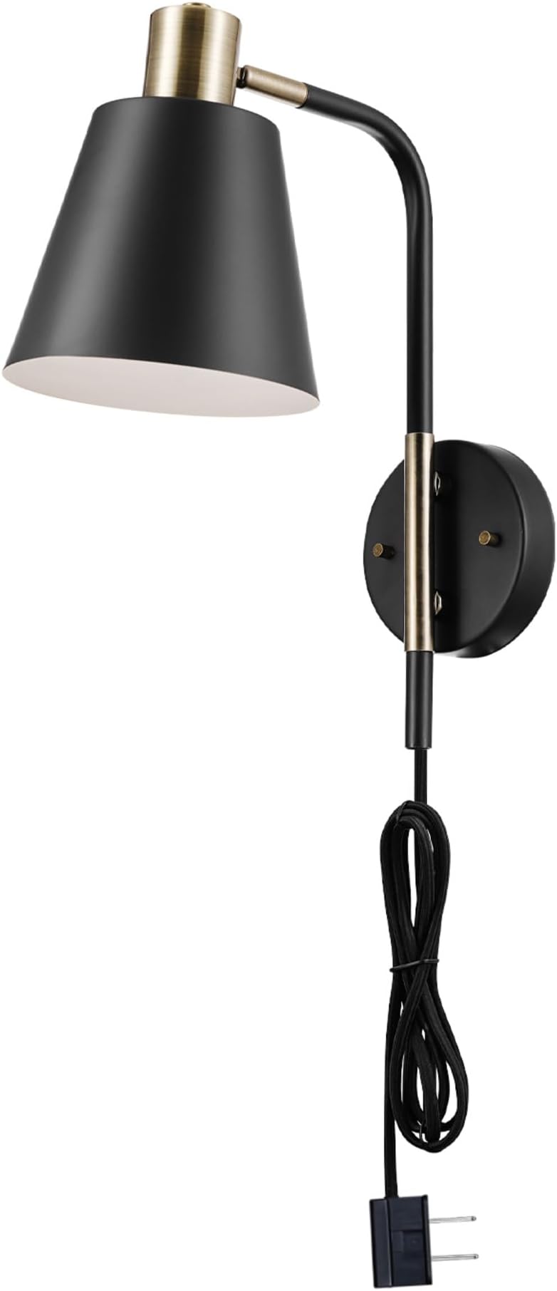 51374 Cleo 1-Light Plug-in or Hardwire Wall Sconce, Matte, Antique Brass Accents, Black Cloth Cord, 14.44