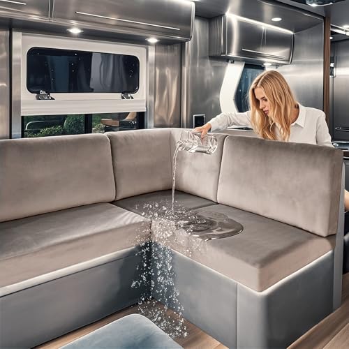 SYLC Caravan Seat Covers Waterproof Velvet, Motorhome Seat Cover with Elastic-band and Lacing, RV Sofa Cushion Cover for camper (Taupe,W 150-190 cm, D 55-65 cm)