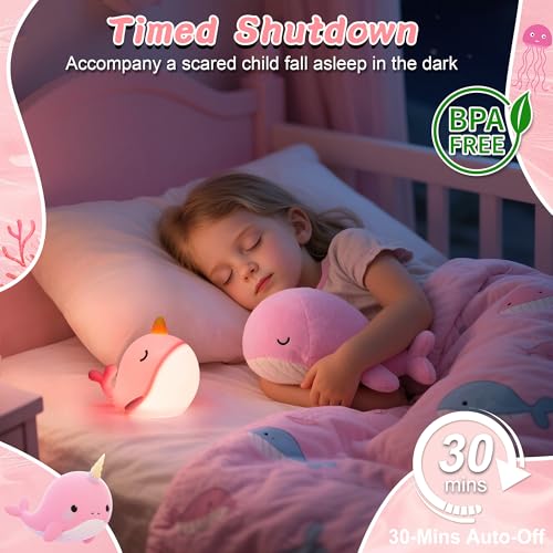 Image of Narwhal Night Light for Kids, Whale Nursery Lamp Animal Silicone Nightlight with Dimmable & 30 Mins Timer, Pefrect Gifts for Girl Women Friend Birthday Holiday Bedroom Bedside Table Decoration