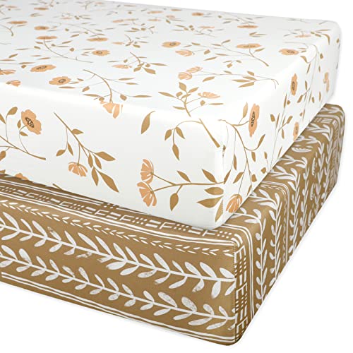 Image of Fitted Crib Sheets for Girl Boy, 2 Pack Soft Jersey Knit Floral Baby Crib Sheets Set for Standard Crib Mattress & Toddler Bed Mattress, Retro Brown Flower