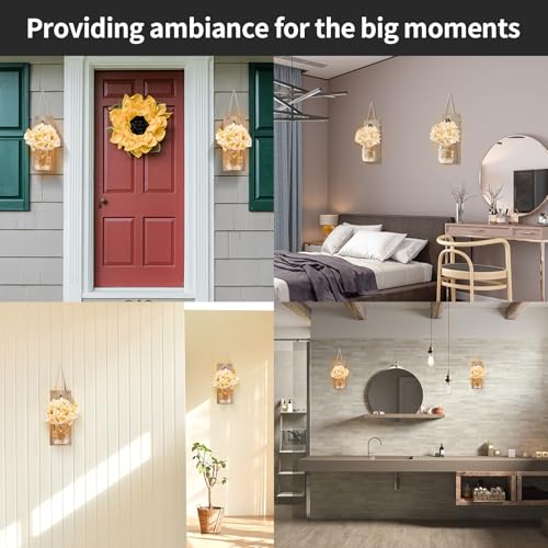 Image of Wall Sconce Decor 2pcs, Mason Jar Wall Sconce Farmhouse Home Decor with 6.5FT LED Fairy Lights Flowers, Modern Art Living Room Bedroom Bathroom Decorative Hanging Yellow