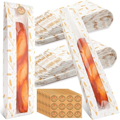 Reallnaive 120 Pcs French Bread Bags Bulk with Clear Window, White Golden
