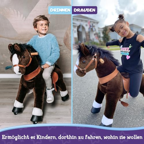 PonyCycle Pony zum Reiten für Kinder 4–7 Jahre, 90cm Hoch, Schokolade Reitpferd auf Rollen mit Bremse, Plüsch Schaukelpferd mit Rollen für Drinnen und Draußen, Klassisches Modell U - Ux421