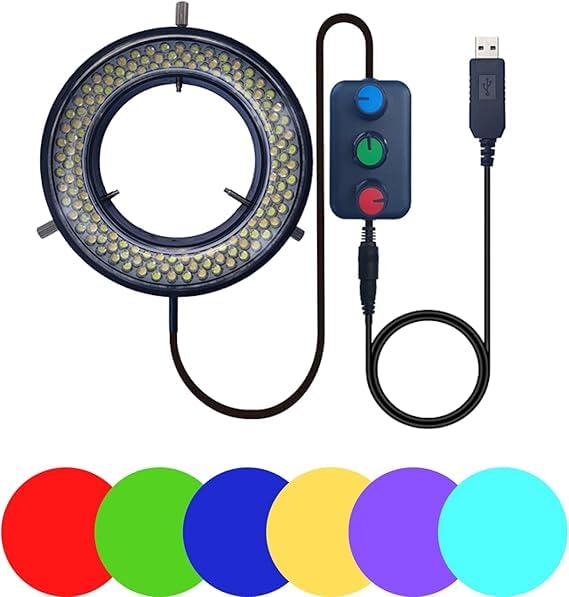 Microscope LED Ring Light Illuminator, USB 5V 144 Color Temperature Adjustable, RGB Focus Lamp Source for Monocular Binocular Trinocular Stereo Microscope Vision Scientific (144 LED RGB)